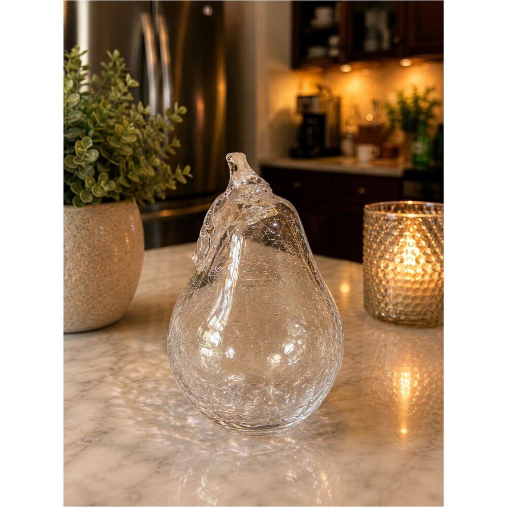Vintage Hand Blown Clear Crackle Glass Pear | Studio Art Glass Paperweight